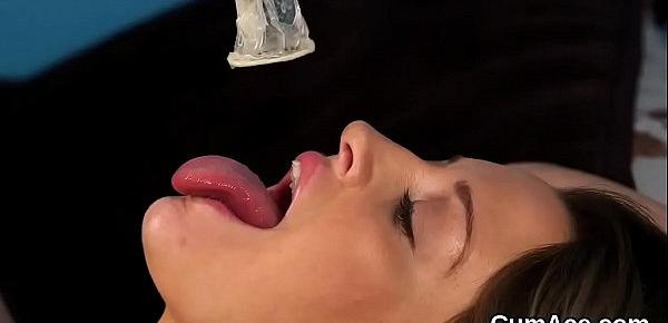  Peculiar babe gets cumshot on her face sucking all the jizz